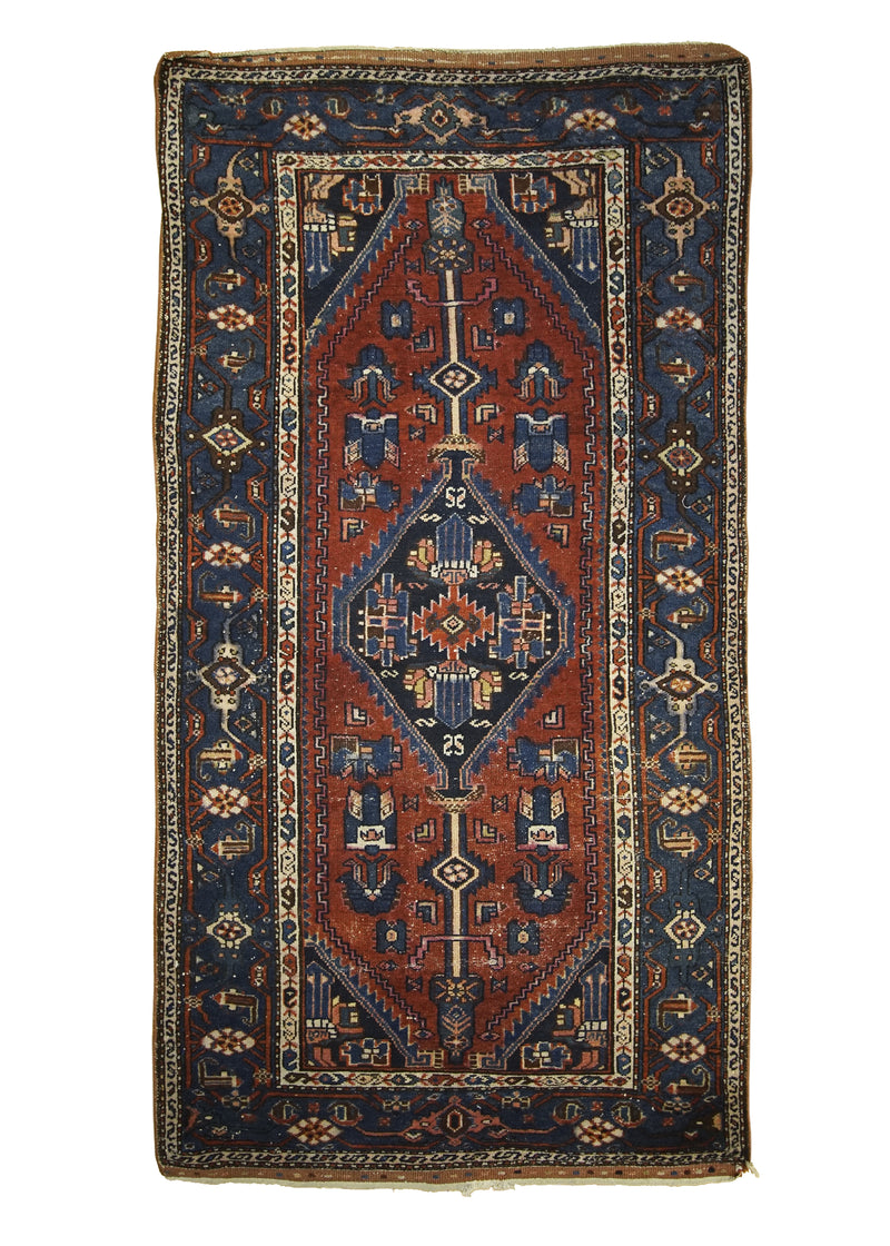 A26576 Persian Rug Malayer Handmade Area Tribal Antique 3'8'' x 6'7'' -4x7- Red Blue Geometric Design