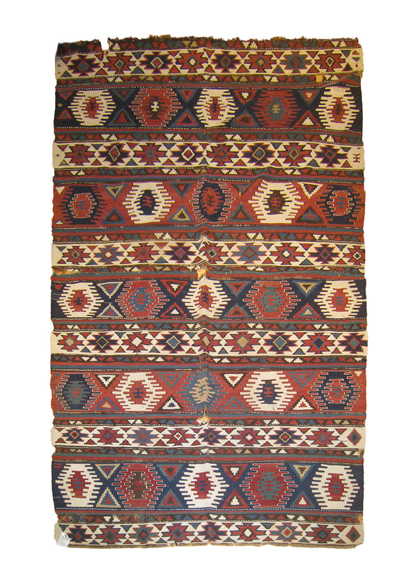 A26589 Caucasian Rug Shirvan Handmade Area Tribal Antique 4'10'' x 7'4'' -5x7- Multi-color Red Geometric Design