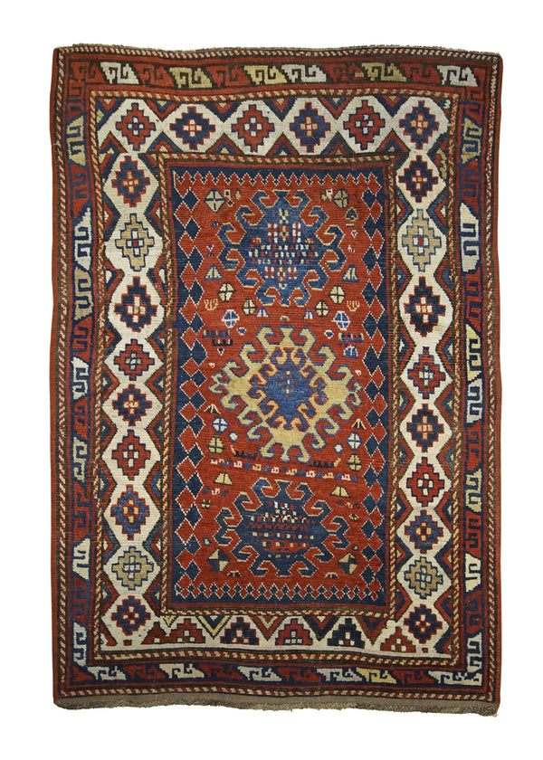 A26592 Caucasian Rug Kazak Handmade Area Tribal Antique 3'11'' x 5'7'' -4x6- Red Geometric Design