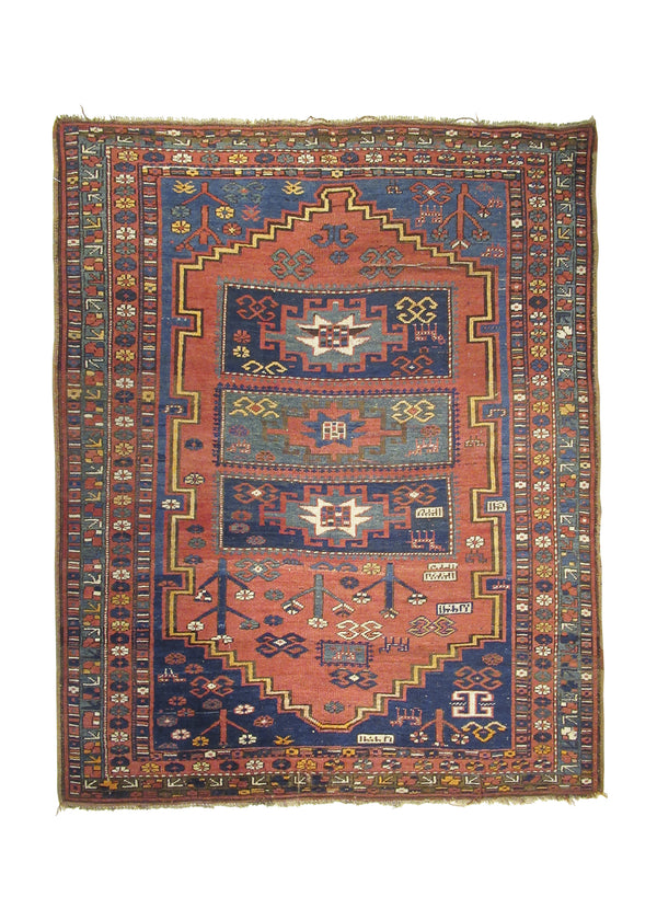 A26604 Caucasian Rug Kazak Handmade Area Tribal Antique 4'9'' x 6'0'' -5x6- Red Blue Geometric Design