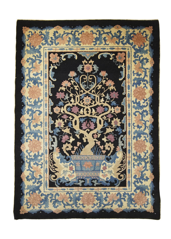 A26648 Oriental Rug Chinese Handmade Area Traditional Antique 3'7'' x 4'11'' -4x5- Blue Whites Beige Fetti Tree of Life Design