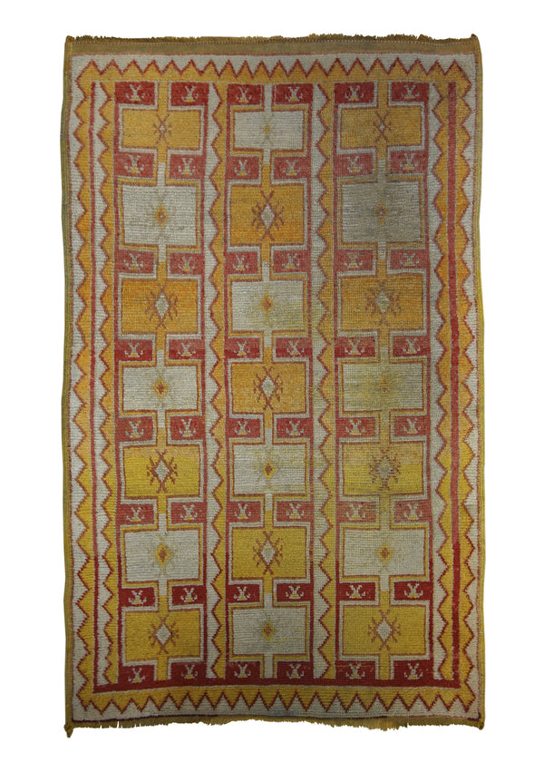 A26649 Oriental Rug Moroccan Handmade Area Tribal Antique 3'11'' x 6'1'' -4x6- Yellow Gold Red Geometric Design