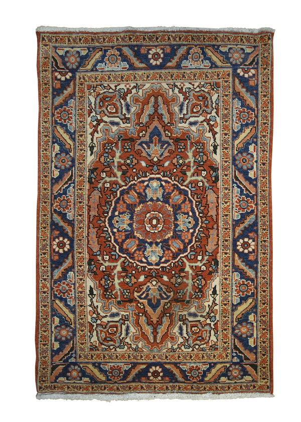A26674 Persian Rug Heriz Handmade Area Tribal Vintage 3'3'' x 5'0'' -3x5- Red Blue Whites Beige Floral Design