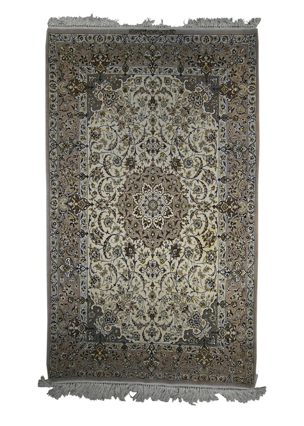 A26695 Persian Rug Isfahan Handmade Area Traditional 3'8'' x 6'1'' -4x6- Whites Beige Green Floral Design