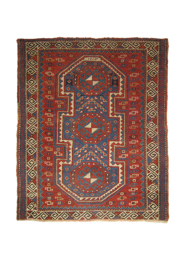 A26761 Caucasian Rug Kazak Handmade Area Tribal Antique 3'3'' x 3'10'' -3x4- Red Blue Prayer Rug Design