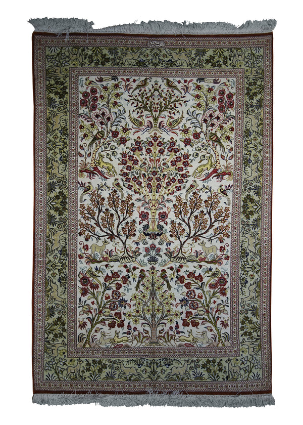 A26979 Persian Rug Qum Handmade Area Traditional 3'4'' x 5'0'' -3x5- Whites Beige Green Yellow Gold Tree of Life Animals Design