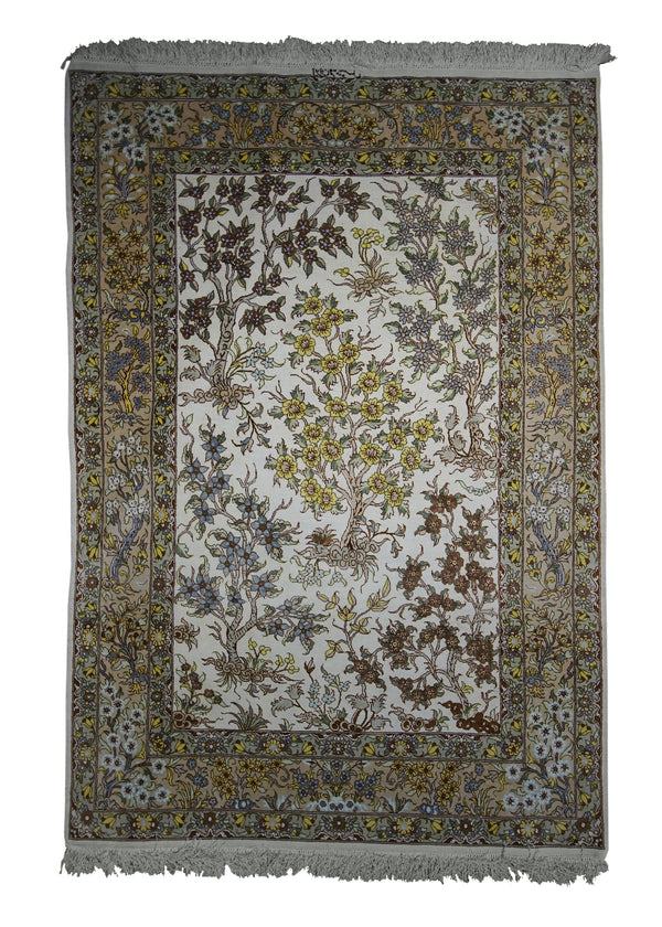 A26980 Persian Rug Qum Handmade Area Traditional 3'3'' x 4'9'' -3x5- Whites Beige Yellow Gold Tree of Life Design