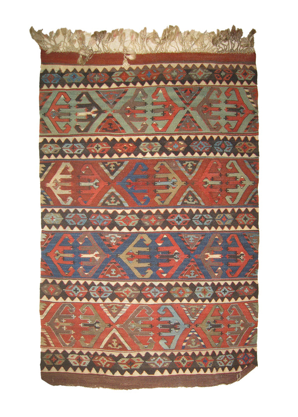 A27006 Caucasian Rug Shirvan Handmade Area Tribal Antique 2'10'' x 3'11'' -3x4- Red Blue Kilim Geometric Design