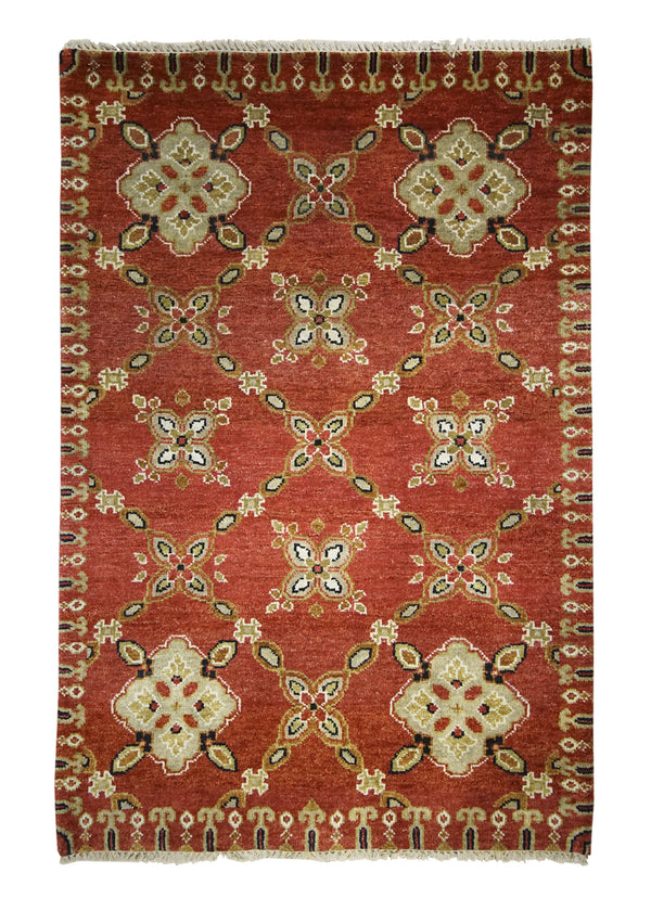 A27112 Oriental Rug Indian Handmade Area Transitional 3'11'' x 5'10'' -4x6- Red Yellow Gold Geometric Design