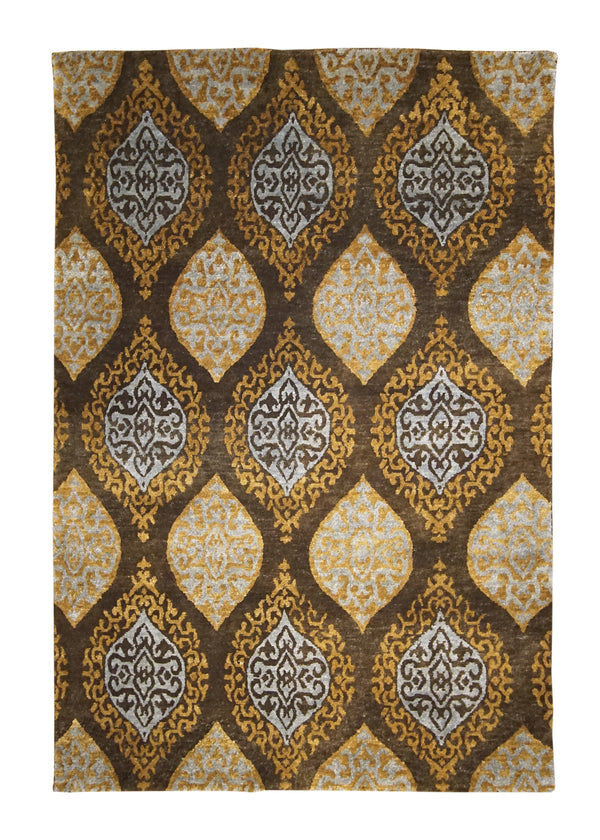 A27125 Oriental Rug Indian Handmade Area Transitional 3'9'' x 5'7'' -4x6- Brown Blue Yellow Gold Geometric Design