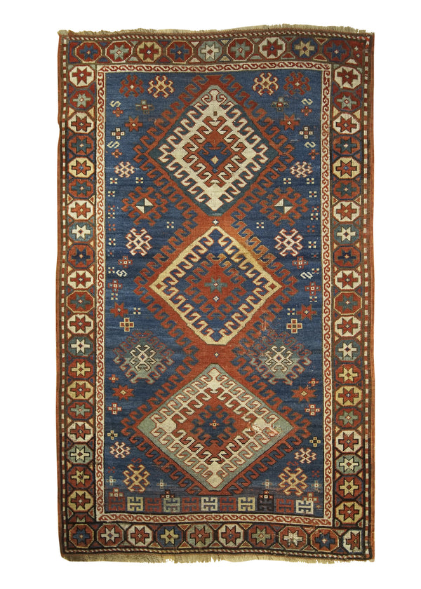 A27461 Caucasian Rug Kazak Handmade Area Tribal Antique 3'5'' x 5'8'' -3x6- Blue Red Geometric Design