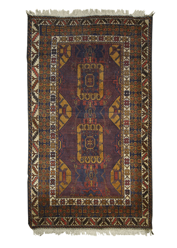 A27535 Oriental Rug Afghan Handmade Area Tribal Antique 4'2'' x 5'7'' -4x6- Brown Yellow Gold Purple Geometric Design