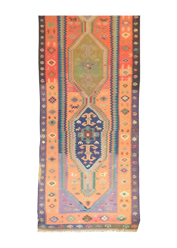 A27757 Persian Rug Senneh Handmade Runner Tribal 2'11'' x 9'8'' -3x10- Orange Purple Kilim Geometric Design