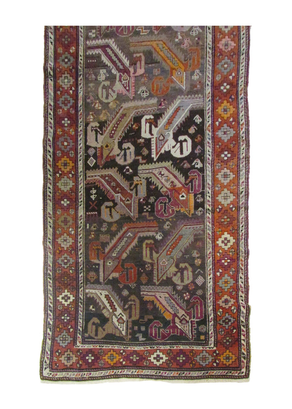 A28209 Caucasian Rug Handmade Runner Tribal Antique 3'7'' x 9'0'' -4x9- Gray Orange Geometric Design