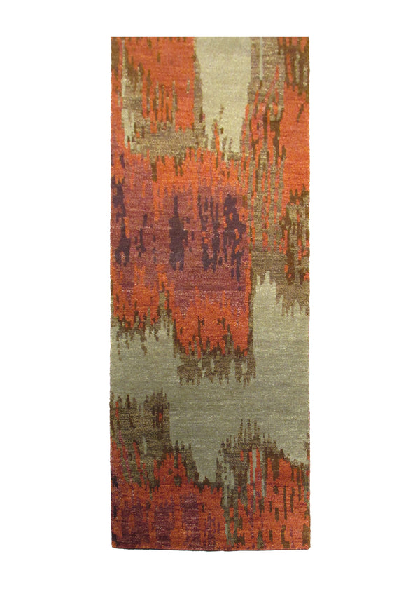 A28443 Oriental Rug Indian Handmade Runner Modern 2'7'' x 10'0'' -3x10- Orange Green Brown Splatter Abstract Design