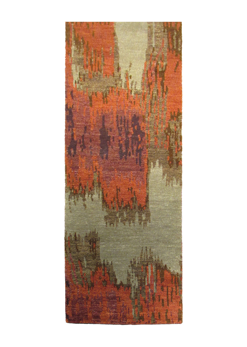 A28443 Oriental Rug Indian Handmade Runner Modern 2'7'' x 10'0'' -3x10- Orange Green Brown Splatter Abstract Design