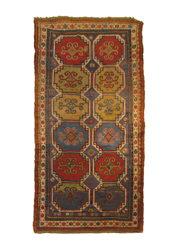 A29042 Caucasian Rug Handmade Runner Tribal Antique 4'5'' x 9'0'' -4x9- Blue Red Moghan Geometric Design