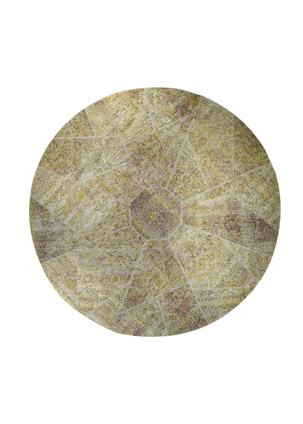 A29592 Persian Rug Handmade Round Transitional Vintage 9'1'' x 9'1'' -9x9- Yellow Gold Patchwork Floral Design