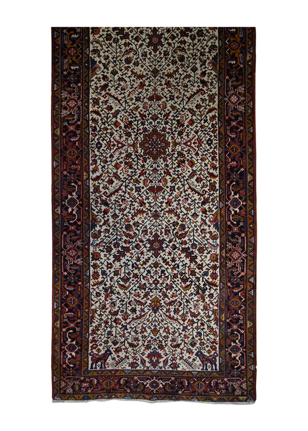 A29617 Persian Rug Heriz Handmade Runner Tribal 5'0'' x 13'1'' -5x13- Whites Beige Red Geometric Design