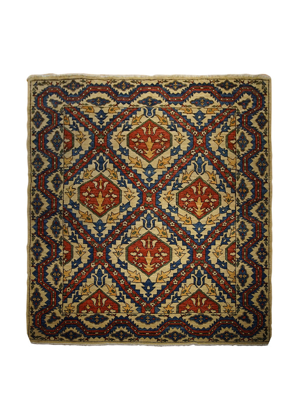 A29982 Oriental Rug Pakistani Handmade Area Transitional Tribal 5'2'' x 5'7'' -5x6- Whites Beige Blue Red Samarkand Geometric Design