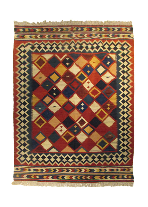 A30218 Oriental Rug Turkish Handmade Area Tribal 4'11'' x 5'6'' -5x6- Red Multi-color Kilim Geometric Design