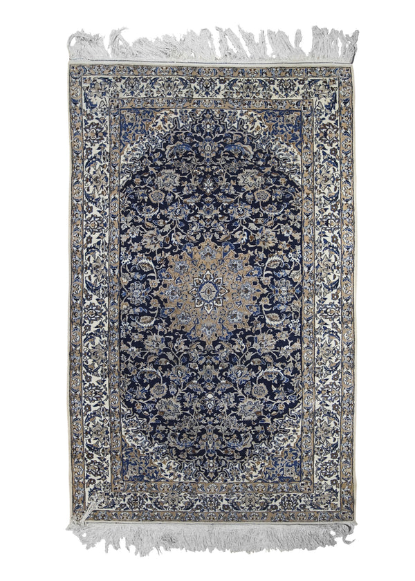 A30481 Persian Rug Nain Handmade Area Traditional 3'11'' x 6'4'' -4x6- Blue Whites Beige Floral Design