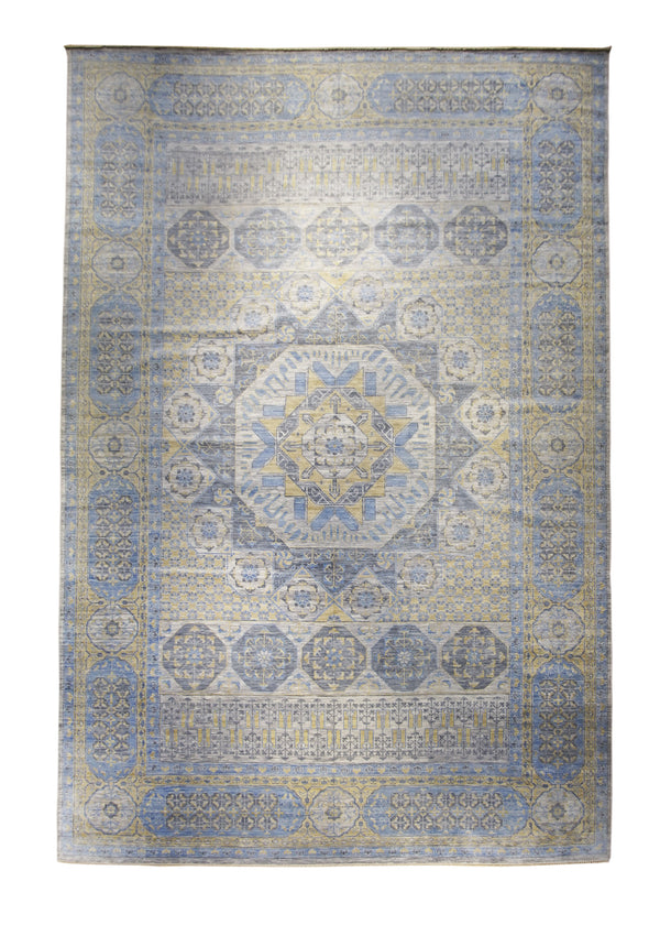 A30586 Oriental Rug Indian Handmade Area Transitional Tribal 12'4'' x 18'3'' -12x18- Yellow Gold Blue Geometric Mamluk Design