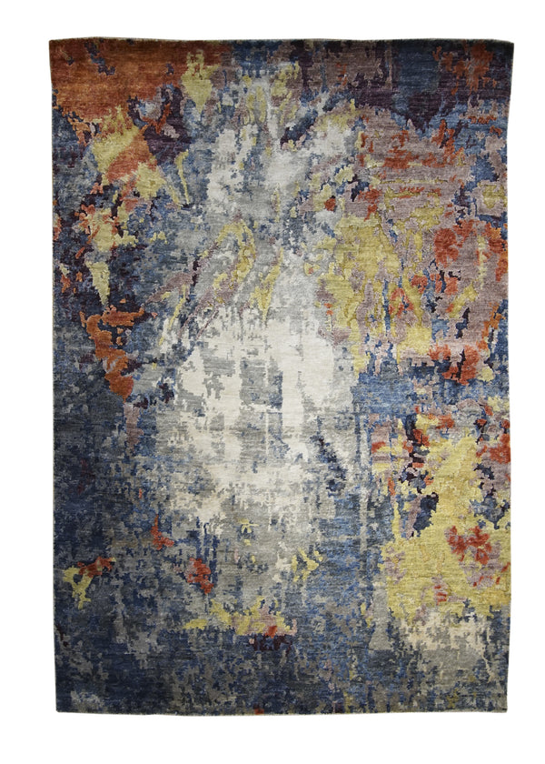 A30750 Oriental Rug Indian Handmade Area Modern 3'10'' x 5'9'' -4x6- Blue Yellow Gold Multi-color Splatter Abstract Design