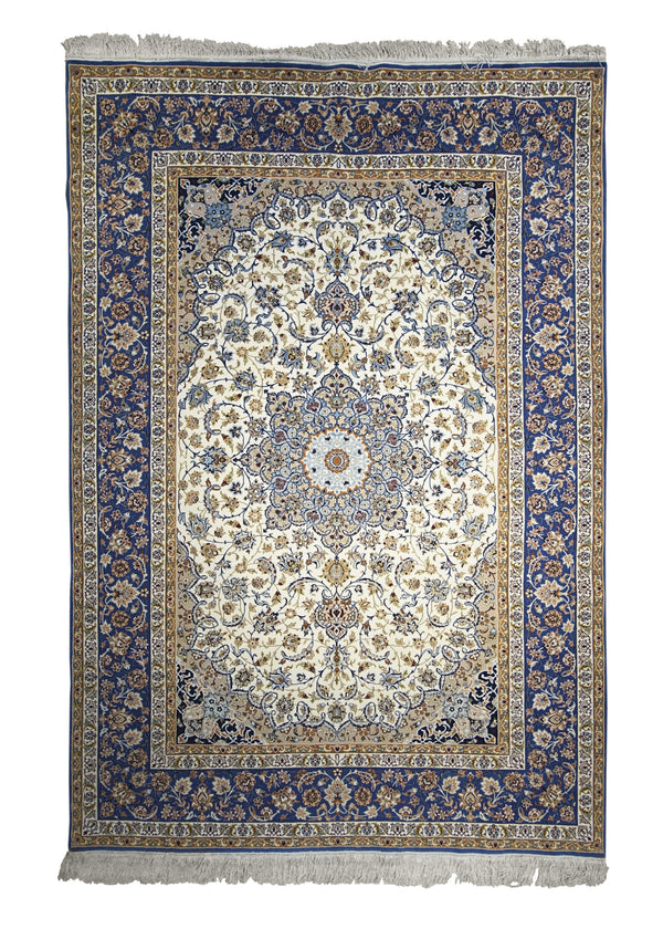 A30995 Persian Rug Isfahan Handmade Area Traditional 5'0'' x 7'3'' -5x7- Blue Whites Beige Floral Design