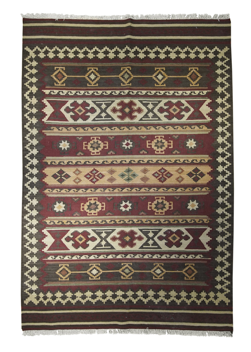 A31775 Oriental Rug Indian Handmade Area Tribal 6'1'' x 9'0'' -6x9- Red Multi-color Brown Dhurrie Tea Washed Geometric Design