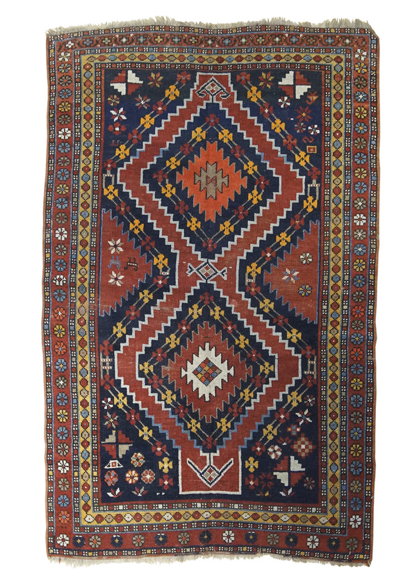 A32301 Caucasian Rug Handmade Area Tribal Antique 3'10'' x 6'1'' -4x6- Red Blue Geometric Design