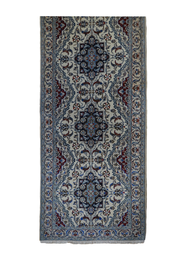 A32326 Persian Rug Nain Handmade Runner Traditional 3'2'' x 12'8'' -3x13- Whites Beige Blue Floral Design