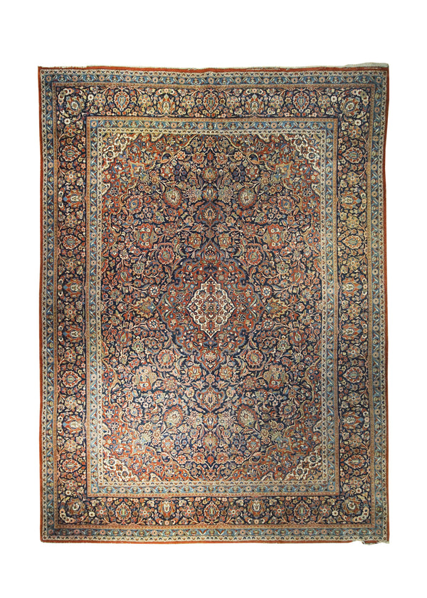 A32346 Persian Rug Kashan Handmade Area Traditional Antique 9'0'' x 12'0'' -9x12- Blue Red Toranj Mehrab Floral Design