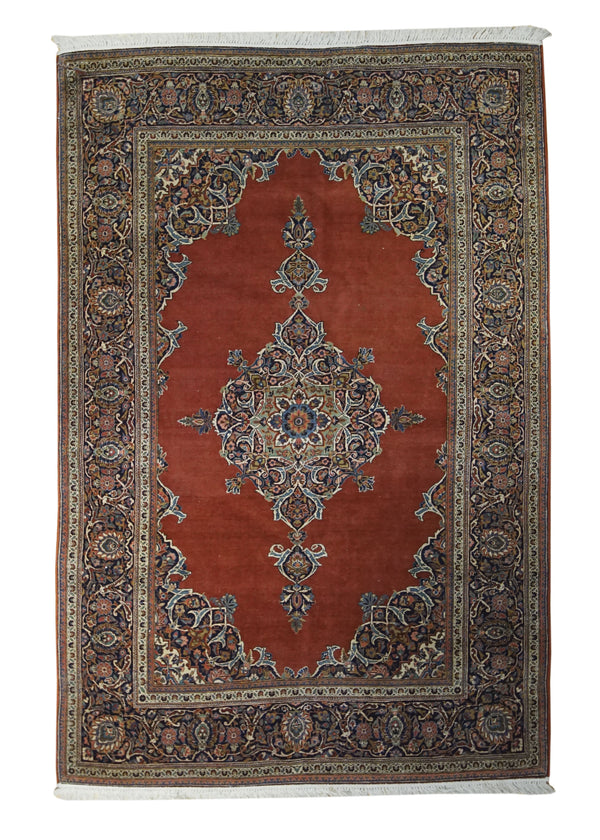 A32348 Persian Rug Kashan Handmade Area Traditional Antique 4'4'' x 6'10'' -4x7- Red Blue Toranj Mehrab Floral Open Design