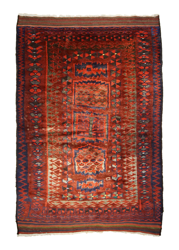 A32603 Persian Rug Kurdistan Handmade Area Tribal Antique 4'10'' x 7'6'' -5x8- Red Geometric Design
