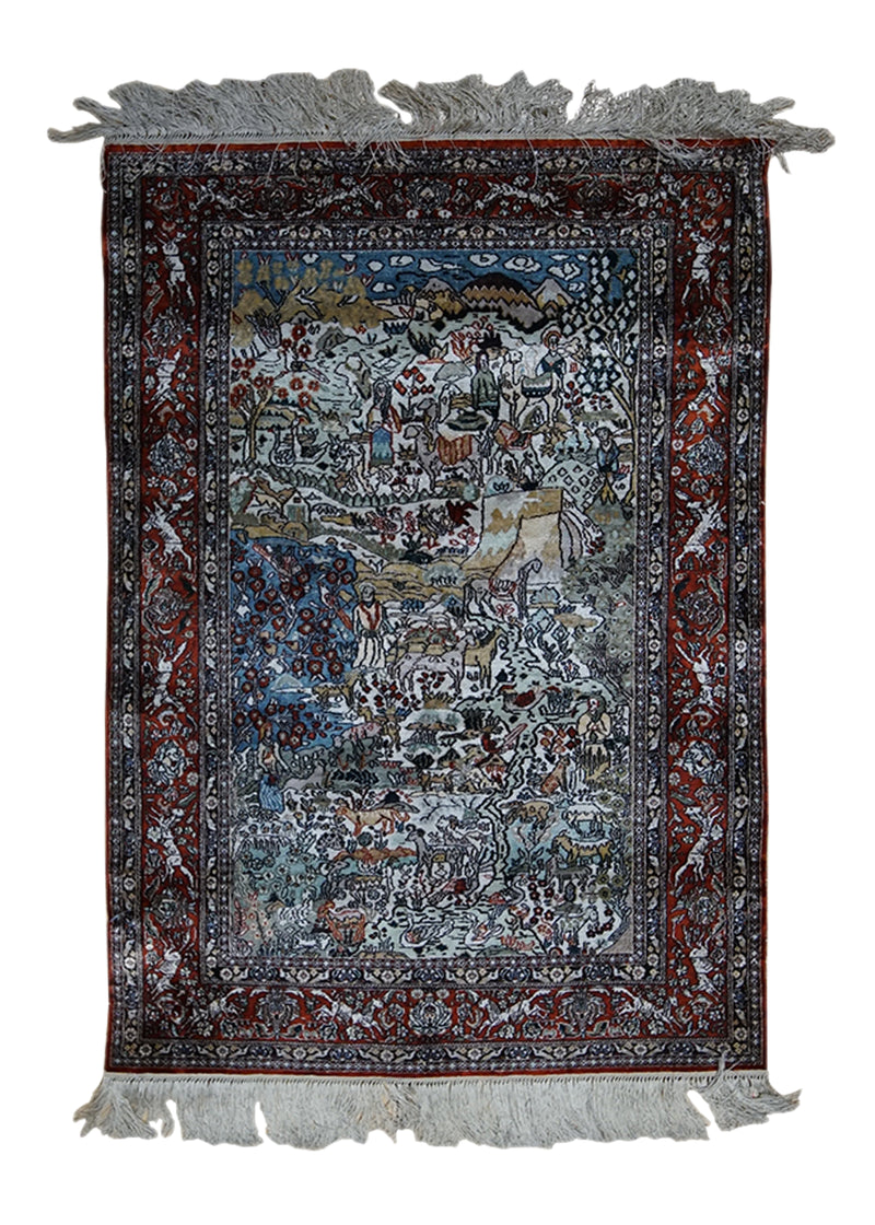 A33004 Oriental Rug Chinese Handmade Area Traditional 1'7'' x 2'5'' -2x2- Whites Beige Red Floral Pictorial Design