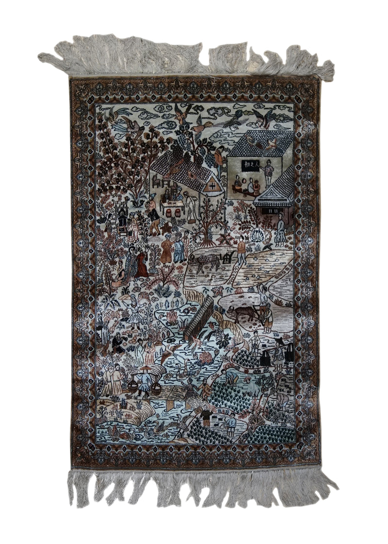 A33012 Oriental Rug Chinese Handmade Area Traditional 1'8'' x 2'5'' -2x2- Whites Beige Red Pictorial Design
