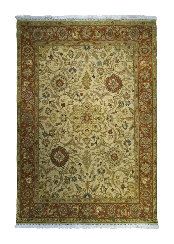 A33079 Oriental Rug Indian Handmade Area Transitional 5'1'' x 7'4'' -5x7- Yellow Gold Red Green Tea Washed Floral Design