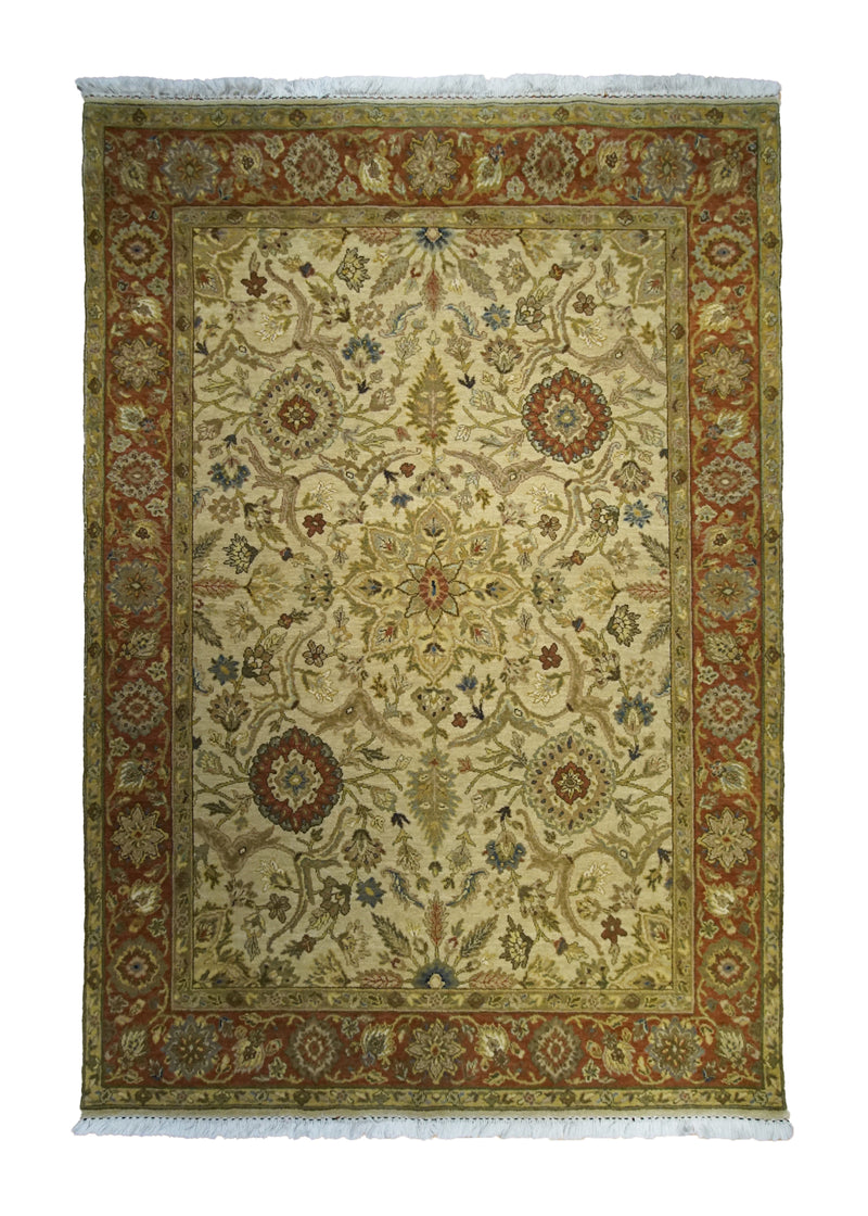 A33079 Oriental Rug Indian Handmade Area Transitional 5'1'' x 7'4'' -5x7- Yellow Gold Red Green Tea Washed Floral Design