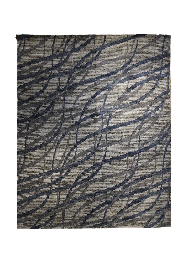 A33107 Oriental Rug Indian Handmade Area Modern Neutral 8'1'' x 10'1'' -8x10- Whites Beige Blue Gray Stripes Design