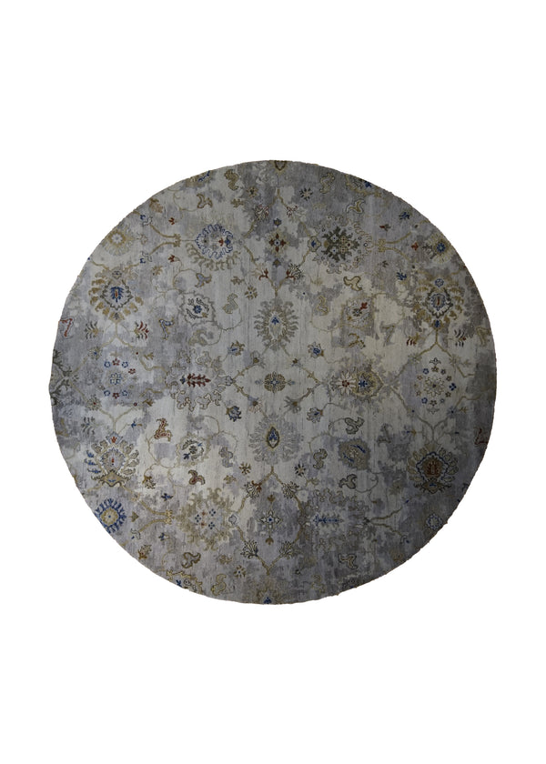 A33181 Oriental Rug Indian Handmade Round Transitional Neutral 8'0'' x 8'0'' -8x8- Whites Beige Gray Floral Oushak Design