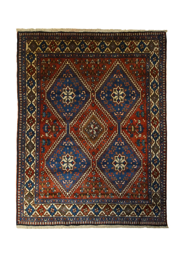 A33270 Persian Rug Yalameh Handmade Area Tribal 5'1'' x 6'2'' -5x6- Red Blue Geometric Design