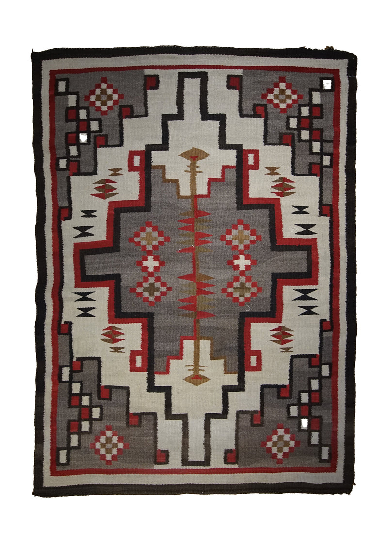 A33283 Native American Rug Navajo Handmade Area Tribal 3'8'' x 5'4'' -4x5- Whites Beige Brown Red Two Gray Hills Geometric Design
