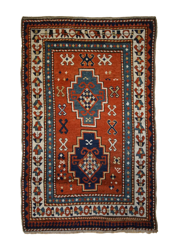 A33355 Caucasian Rug Kazak Handmade Area Tribal Antique 3'0'' x 4'2'' -3x4- Red Whites Beige Blue Geometric Design