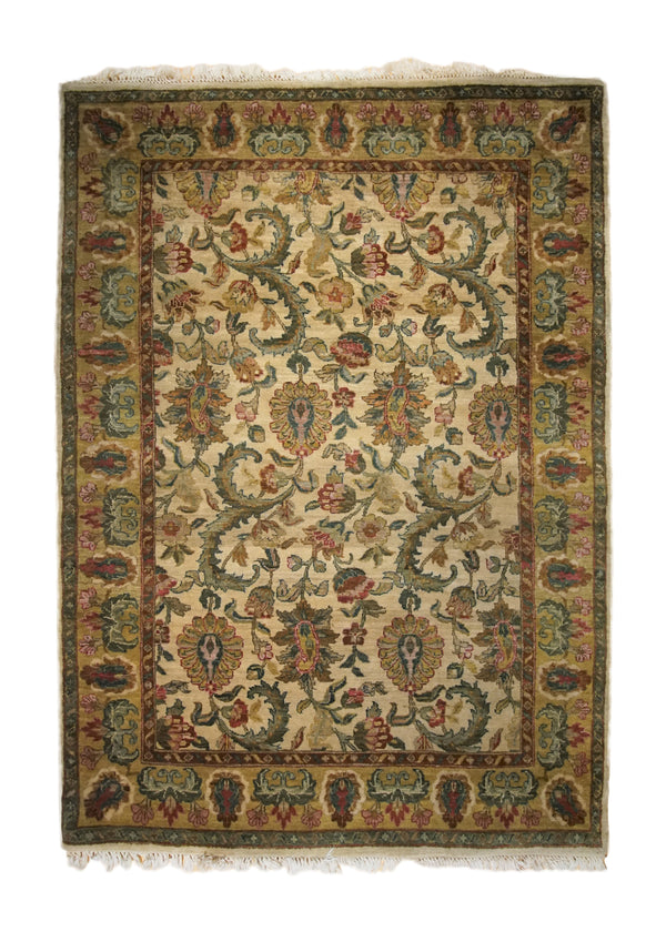 A33613 Oriental Rug Indian Handmade Area Transitional 5'0'' x 6'10'' -5x7- Whites Beige Green Yellow Gold Tea Washed Floral Design