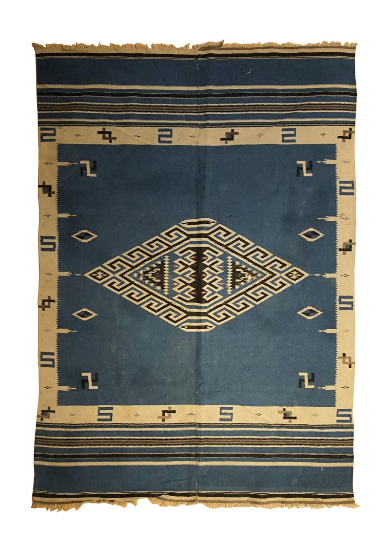 A33661 Native American Rug Mexico Handmade Area Tribal Antique 4'2'' x 6'0'' -4x6- Blue Whites Beige Chimayo Geometric Design