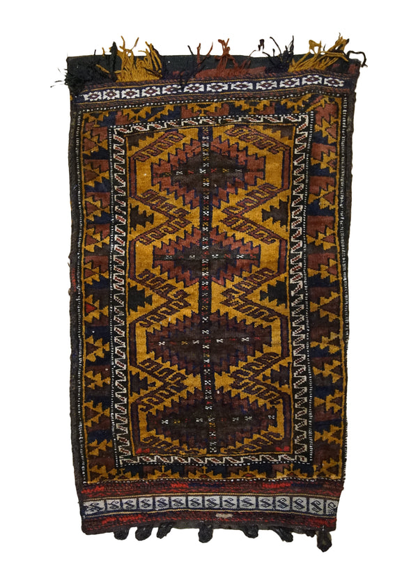A33692 Oriental Rug Afghan Handmade Pillow Tribal 1'10'' x 3'3'' -2x3- Yellow Gold Brown Bag Geometric Design