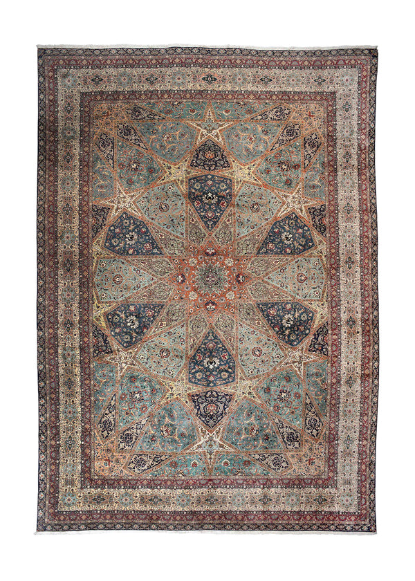 A33721 Persian Rug Tabriz Handmade Area Traditional 13'3'' x 19'2'' -13x19- Green Whites Beige Multi-color Gonbad Design