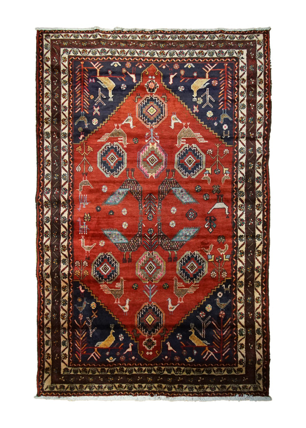 A33743 Persian Rug Bakhtiari Handmade Area Tribal 5'0'' x 8'5'' -5x8- Red Blue Pictorial Geometric Animals Design