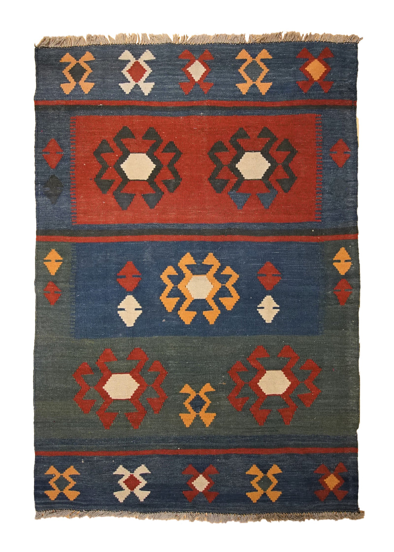 A33760 Persian Rug Shiraz Handmade Area Tribal 3'8'' x 5'7'' -4x6- Blue Red Kilim Geometric Design
